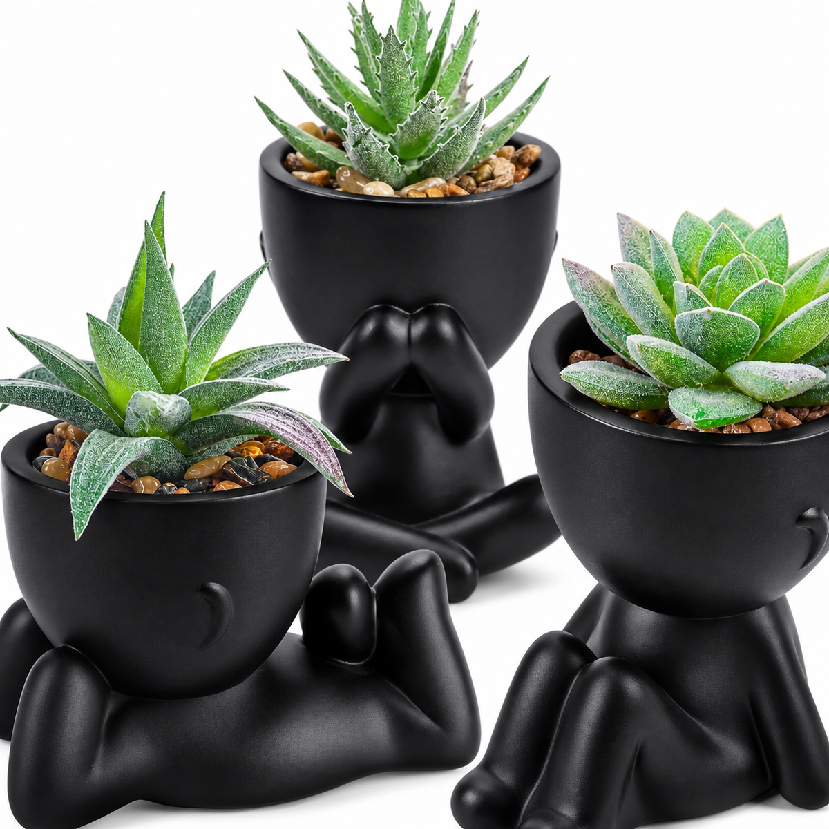 Three faux succulents in black person-shaped pots - product detail and inclusion view 08