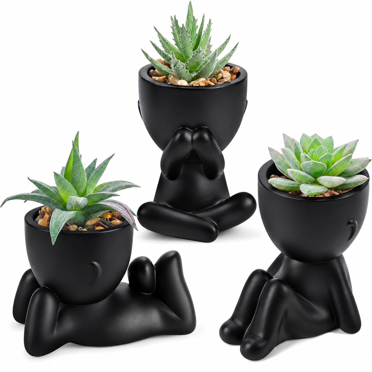 Three faux succulents in black person-shaped pots - product detail and inclusion view 09