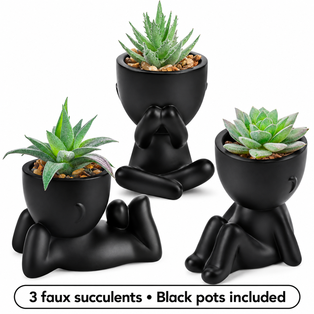 Three faux succulents in black person-shaped pots - product detail and inclusion view 10