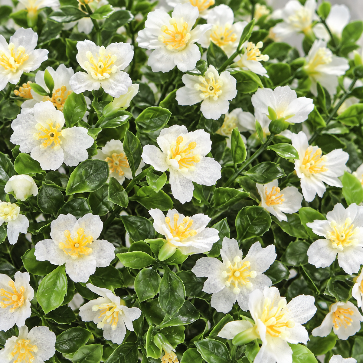 12 white artificial flower bundles with yellow centers, no planters - product detail and inclusion view 02