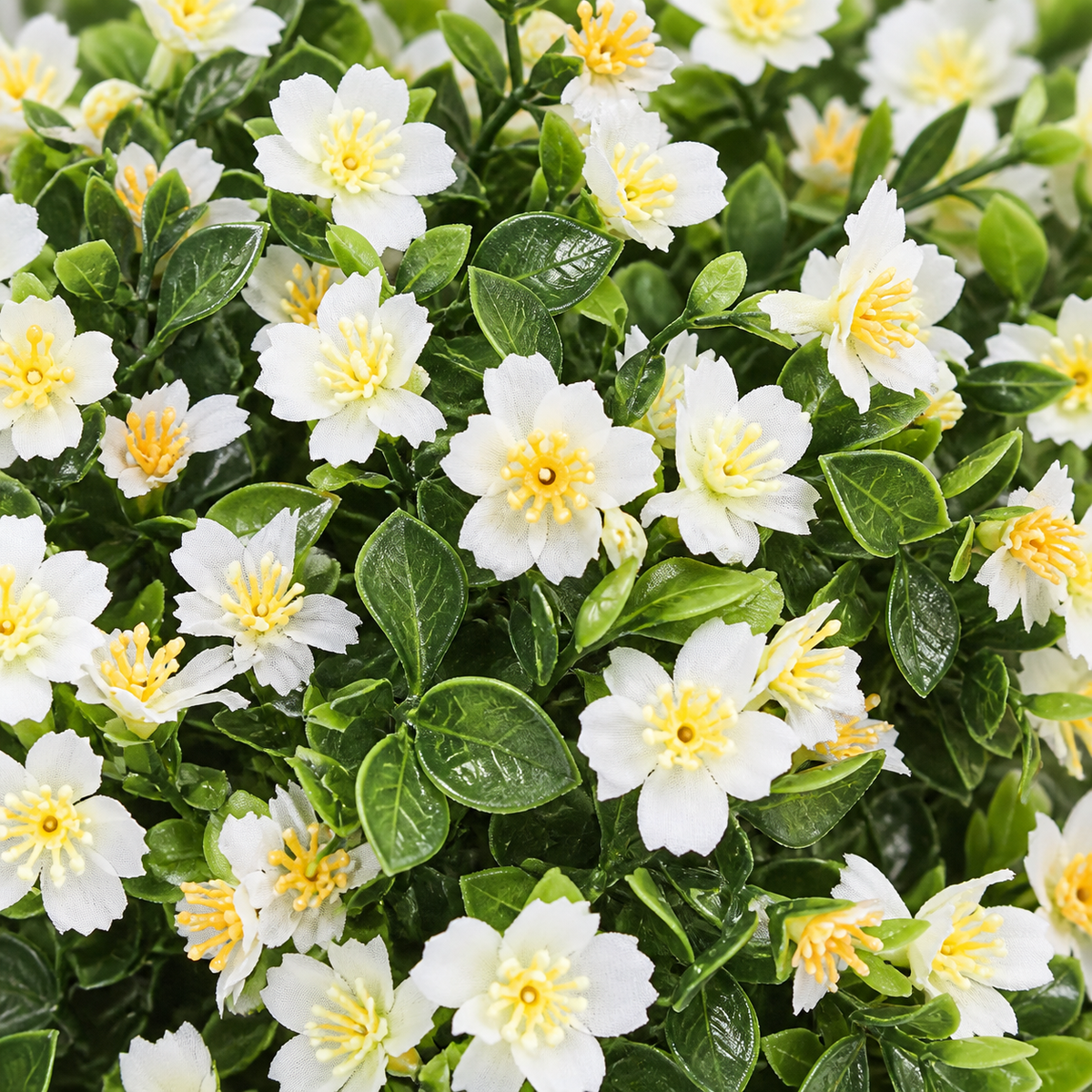 12 white artificial flower bundles with yellow centers, no planters - product detail and inclusion view 03