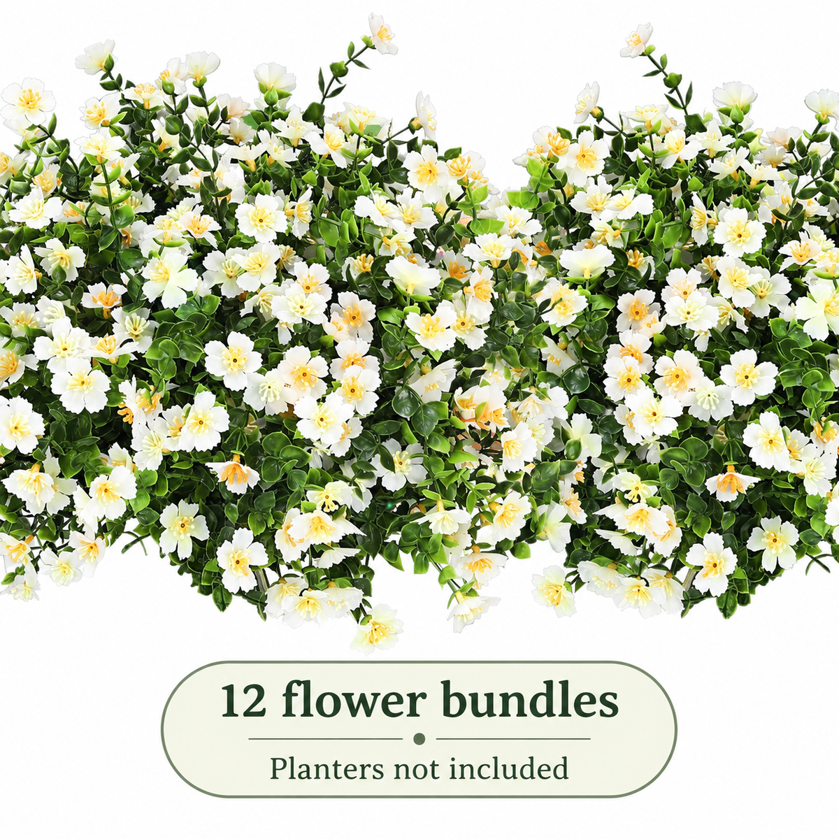 12 white artificial flower bundles with yellow centers, no planters - product detail and inclusion view 10