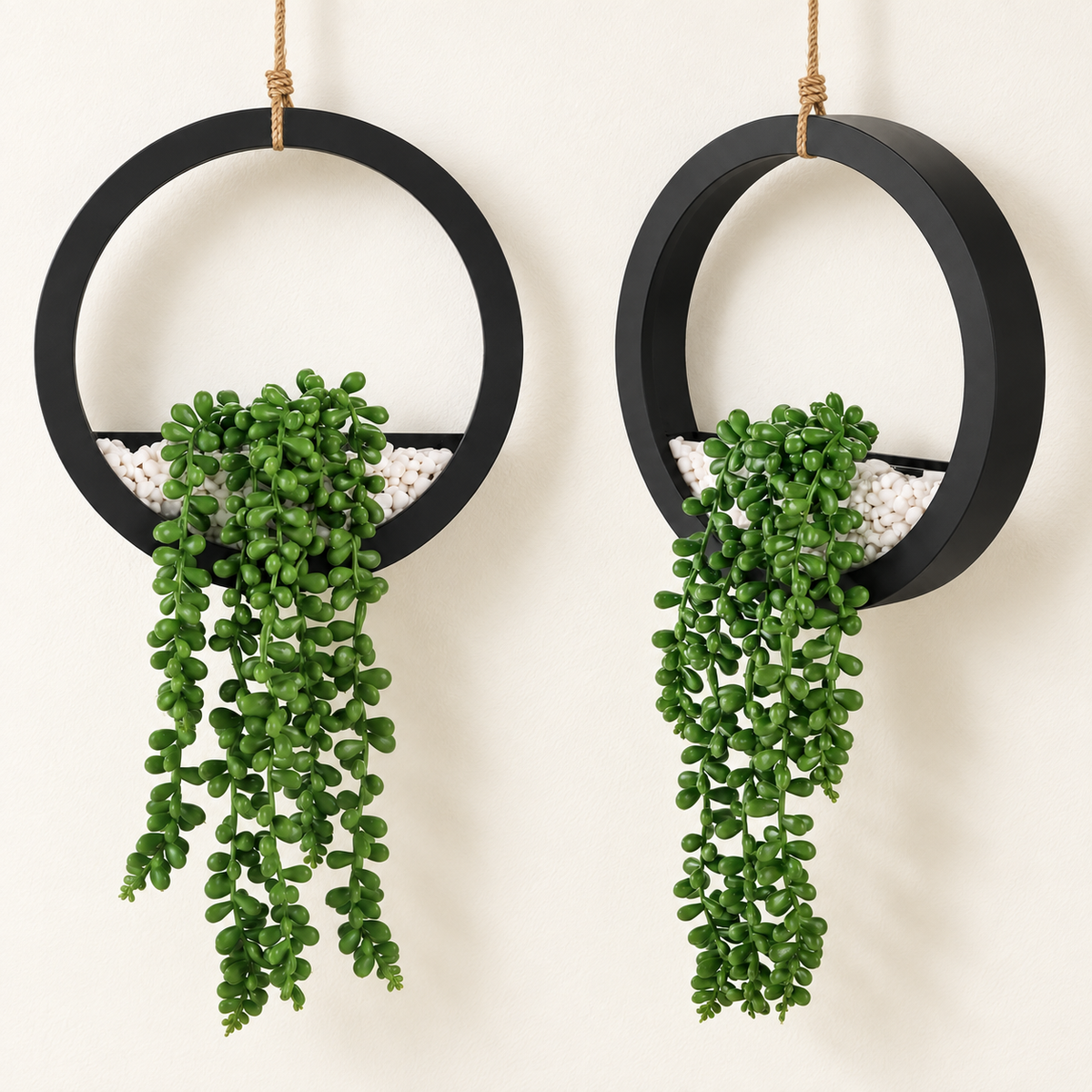 Two faux string-of-pearls plants in black hanging ring planters - main product view