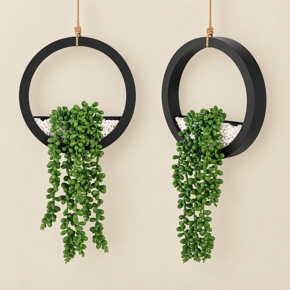 Two faux string-of-pearls plants in black hanging ring planters - product detail and inclusion view 07