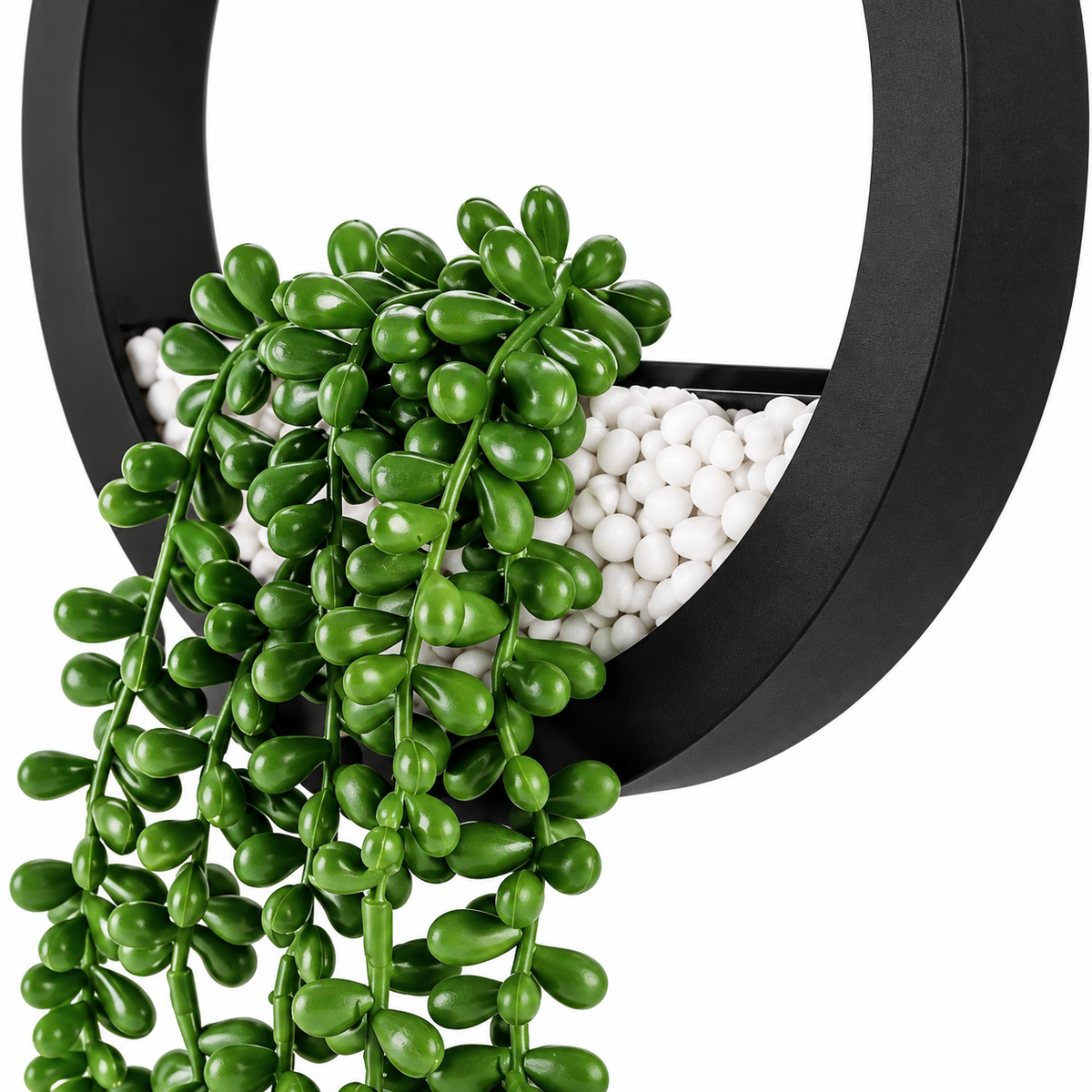 Two faux string-of-pearls plants in black hanging ring planters - product detail and inclusion view 08