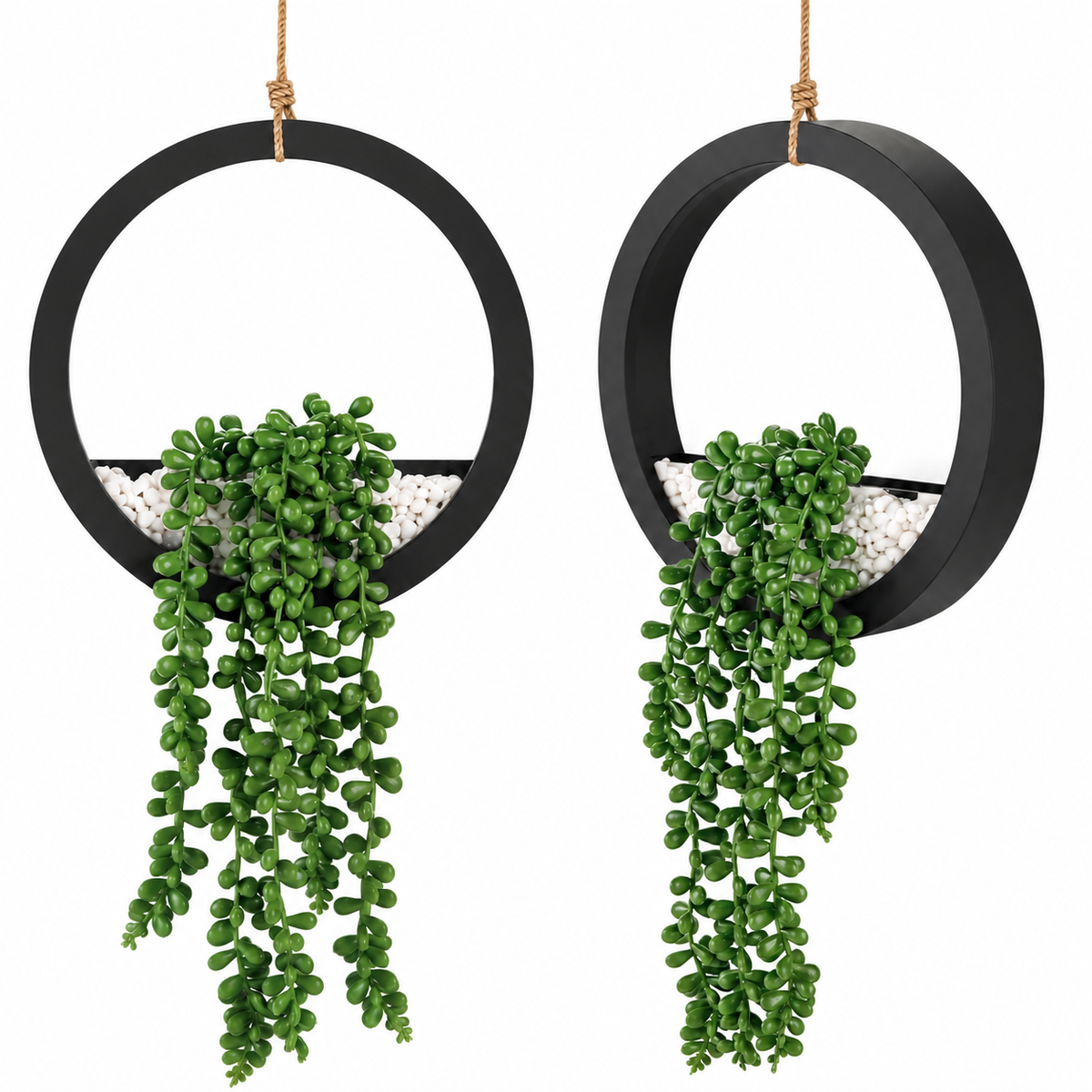 Two faux string-of-pearls plants in black hanging ring planters - product detail and inclusion view 09