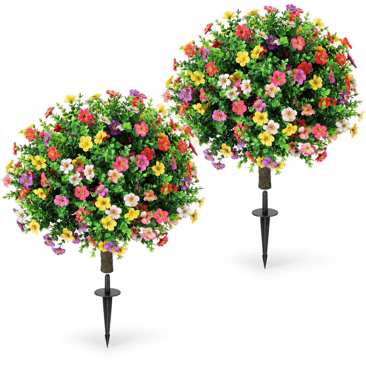 Pair of flowering artificial topiaries with ground spikes - main product view