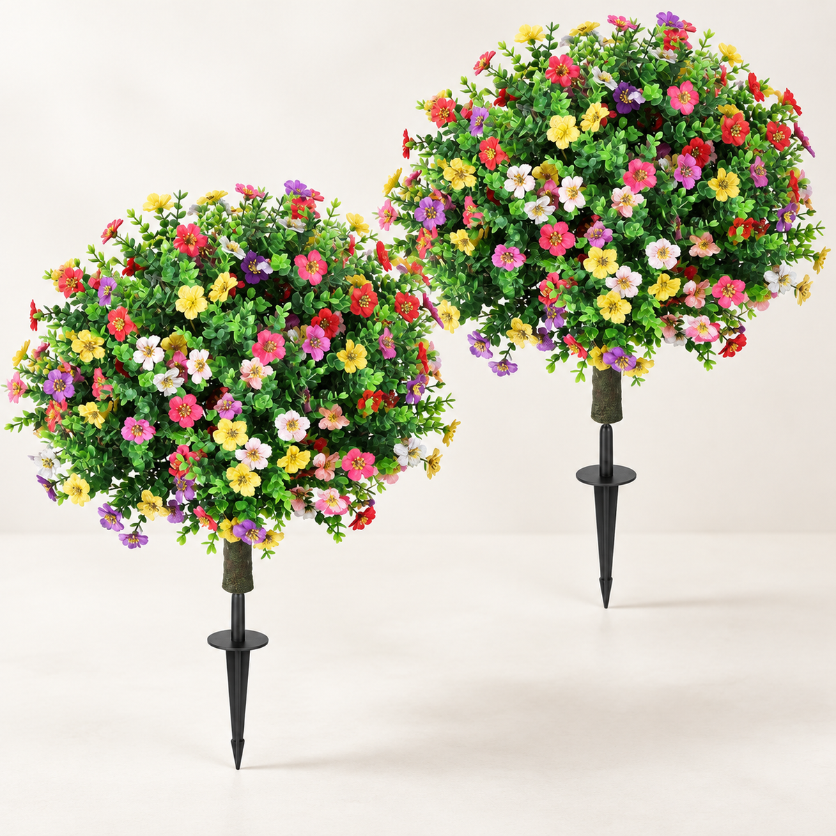 Pair of flowering artificial topiaries with ground spikes - product detail 02