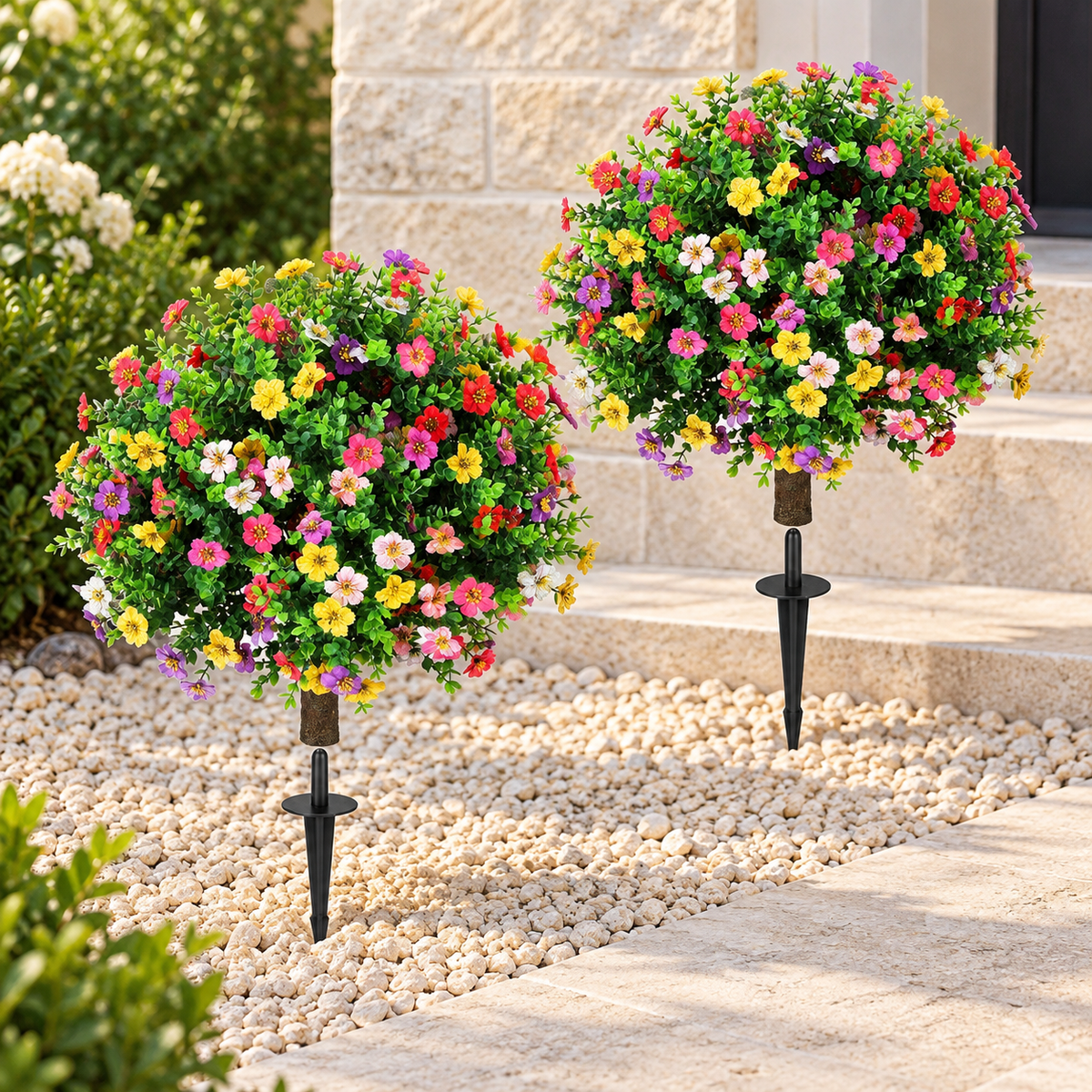 Pair of flowering artificial topiaries with ground spikes - product detail 03