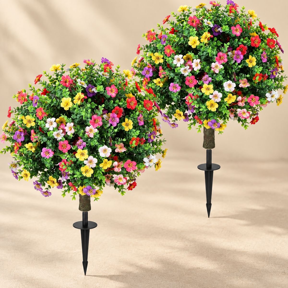 Pair of flowering artificial topiaries with ground spikes - product detail 04