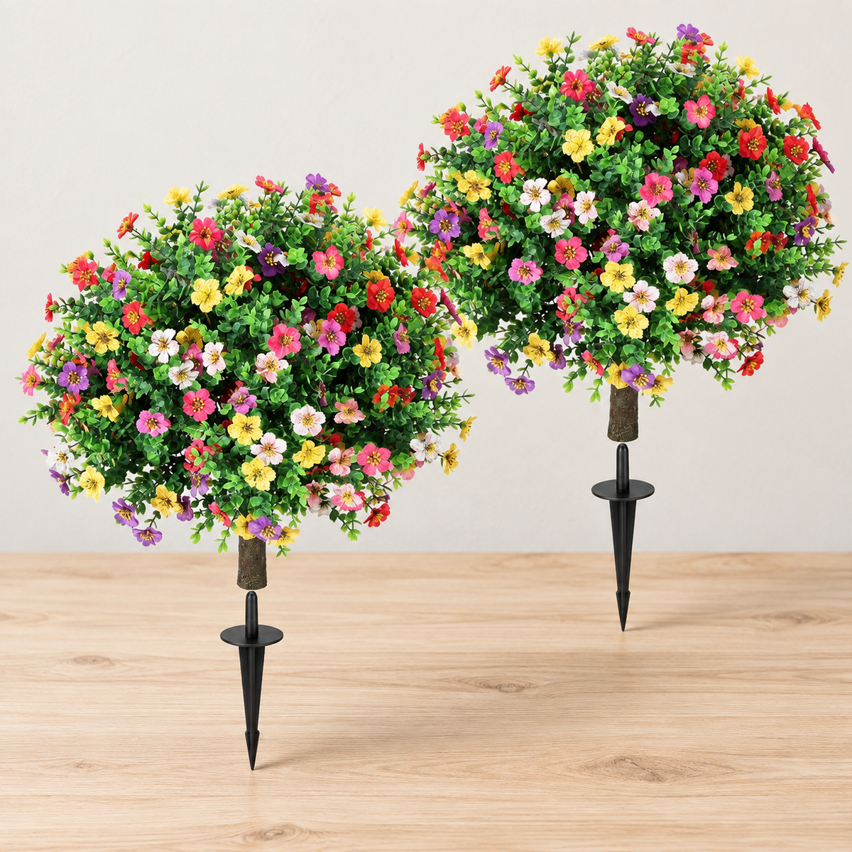 Pair of flowering artificial topiaries with ground spikes - product detail 07