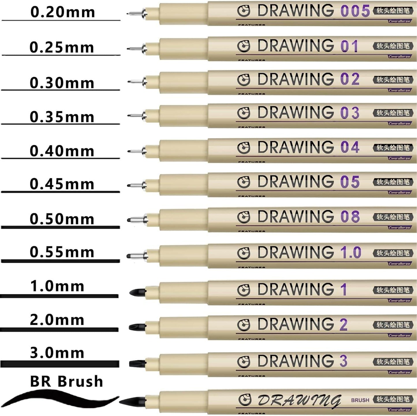 Professional Fineliner Art Pens – 12 Waterproof Ink Tip Sizes for Drawing, Sketching, Journaling