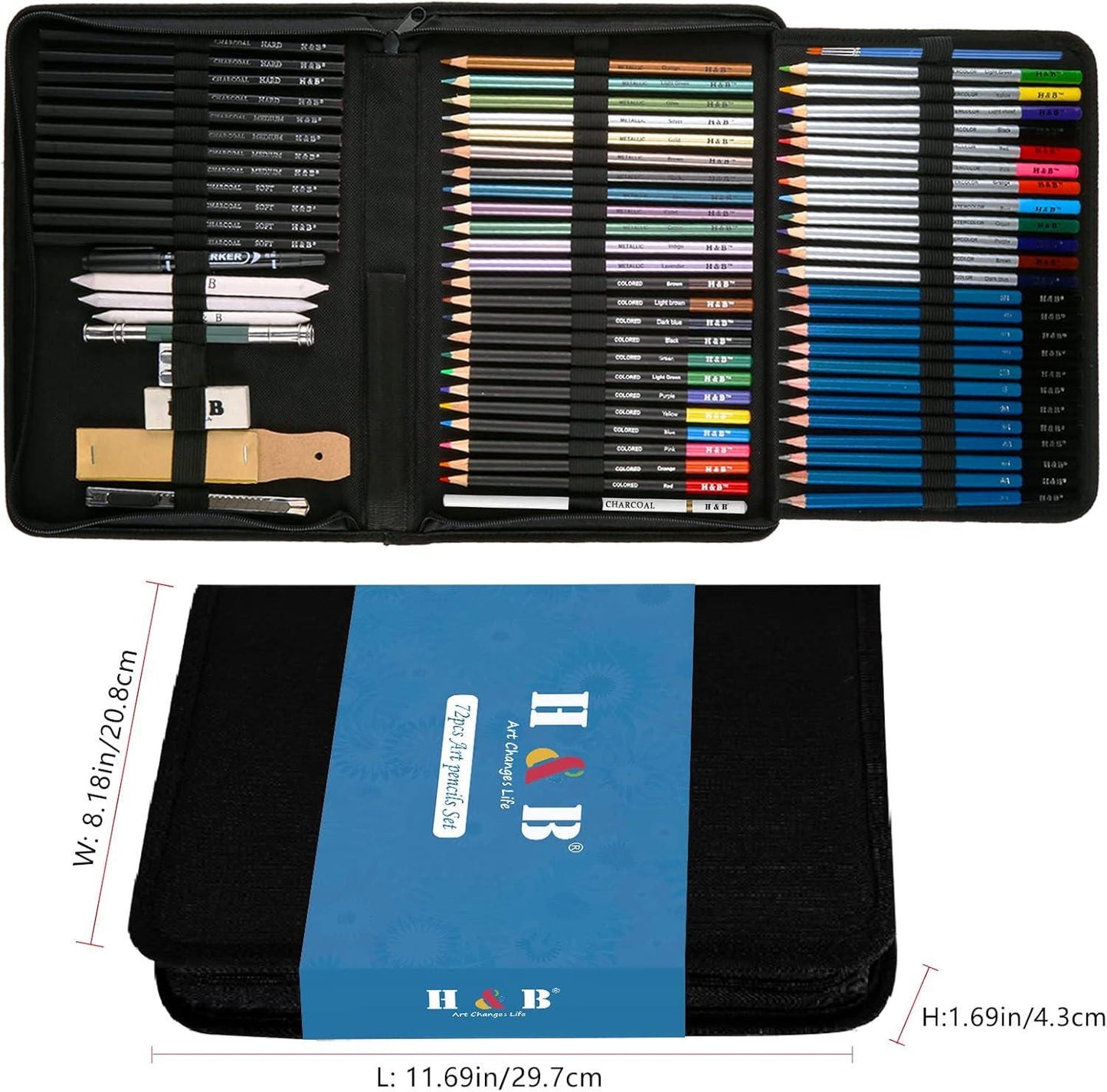 72-Piece Drawing Sketching Art Supplies Set, Graphite, Colored, Charcoal Pencils, Sketch Pad