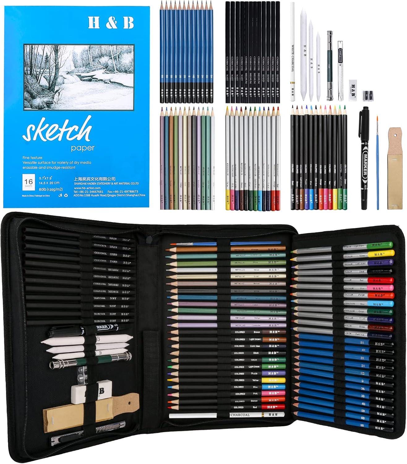 72-Piece Drawing Sketching Art Supplies Set, Graphite, Colored, Charcoal Pencils, Sketch Pad