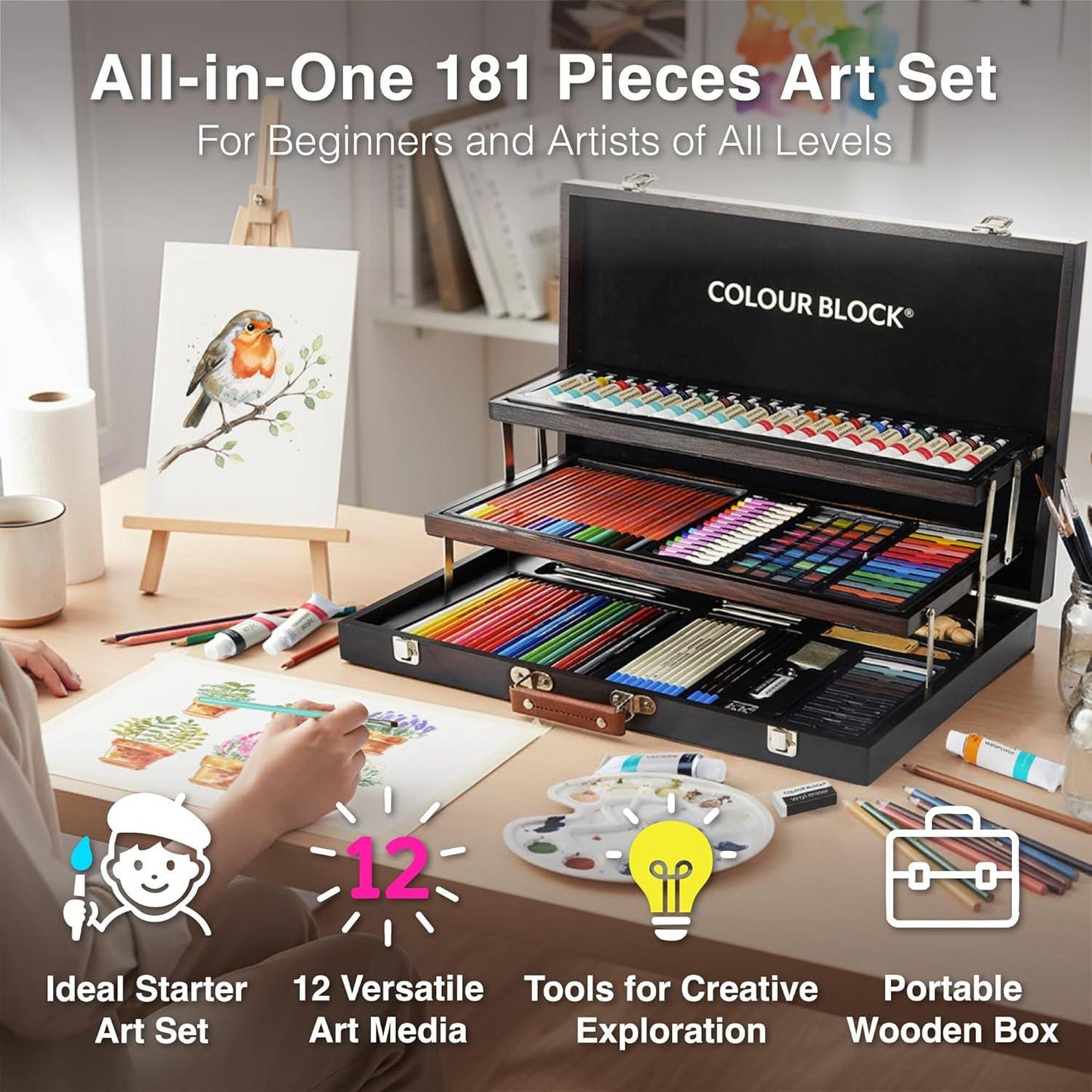 181-Piece Mixed Media Art Set – Professional Artist Supplies Kit with Acrylic, Watercolor, Pencils, Pastels