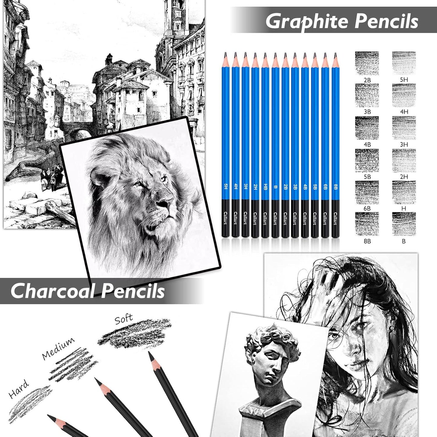 176-Piece Art Sketching Kit – Graphite, Charcoal, Watercolor, Metallic Pencils, 3-Color Sketchbook