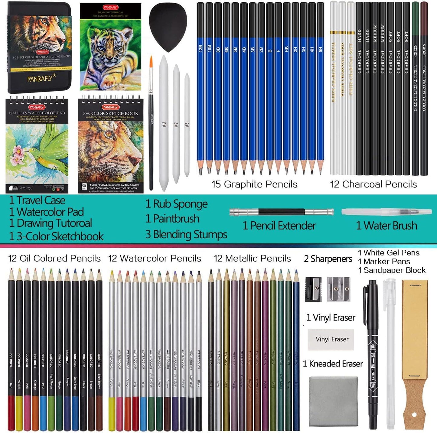 80 Piece Drawing Sketching Art Set, Graphite, Charcoal, Colored Pencils (Carrying Case)