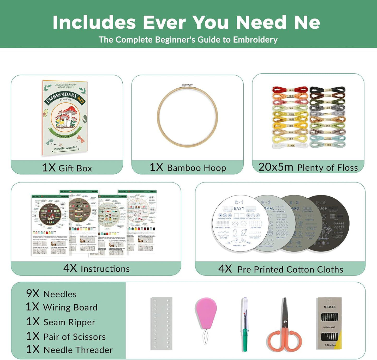 Beginner Embroidery Kit – Learn 38 Stitches with Video Tutorials (Complete Set)