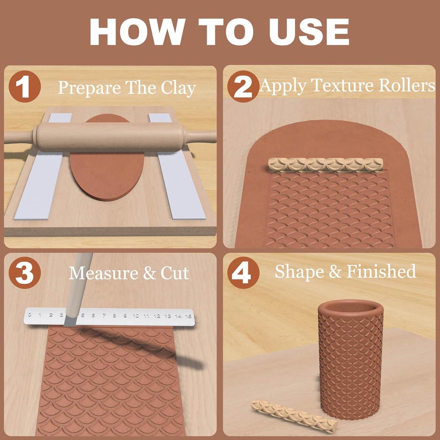 Polymer Clay Texture Roller Set, 10 Piece Pottery Pattern Rollers for Sculpting and Ceramics