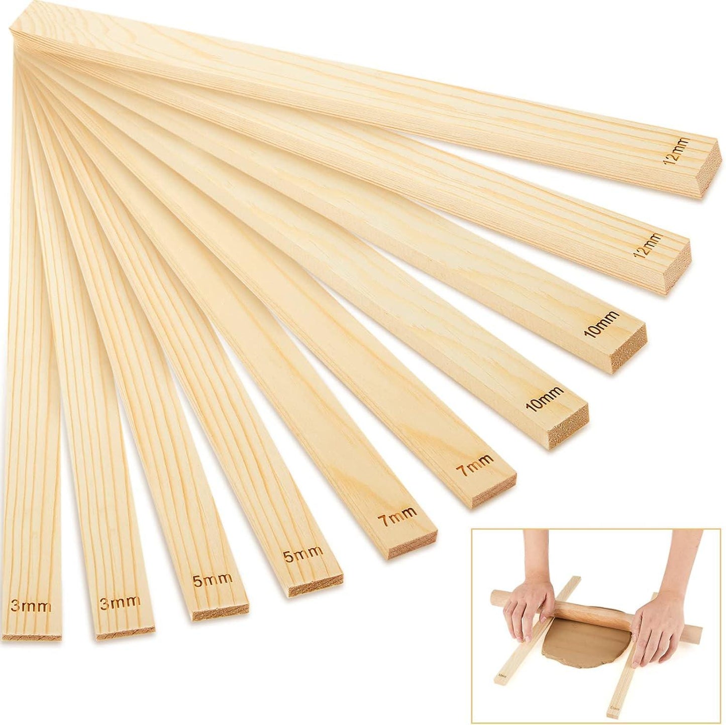 10 Piece Wooden Clay Thickness Guides, Pottery Slab Roller Sticks, Engraved Sizes