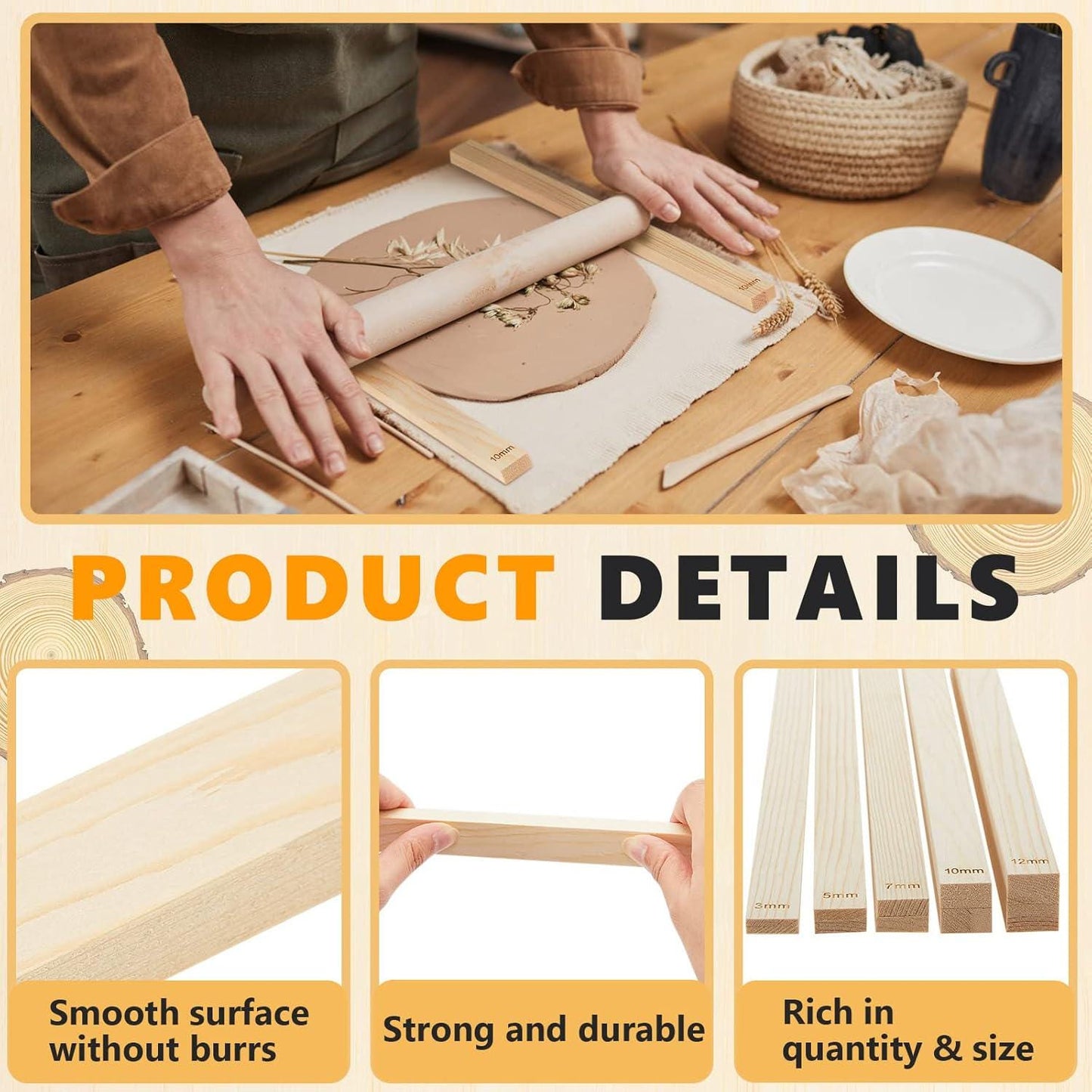 10 Piece Wooden Clay Thickness Guides, Pottery Slab Roller Sticks, Engraved Sizes