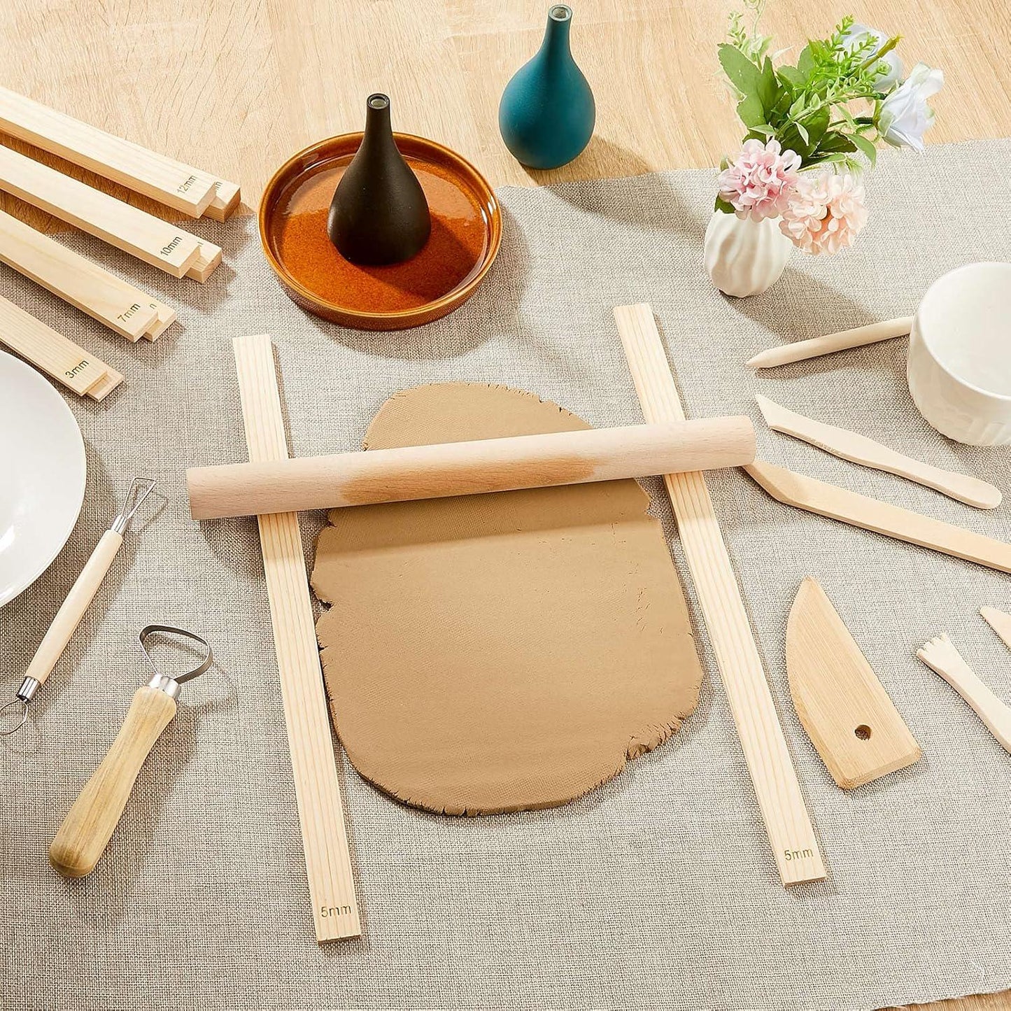 10 Piece Wooden Clay Thickness Guides, Pottery Slab Roller Sticks, Engraved Sizes