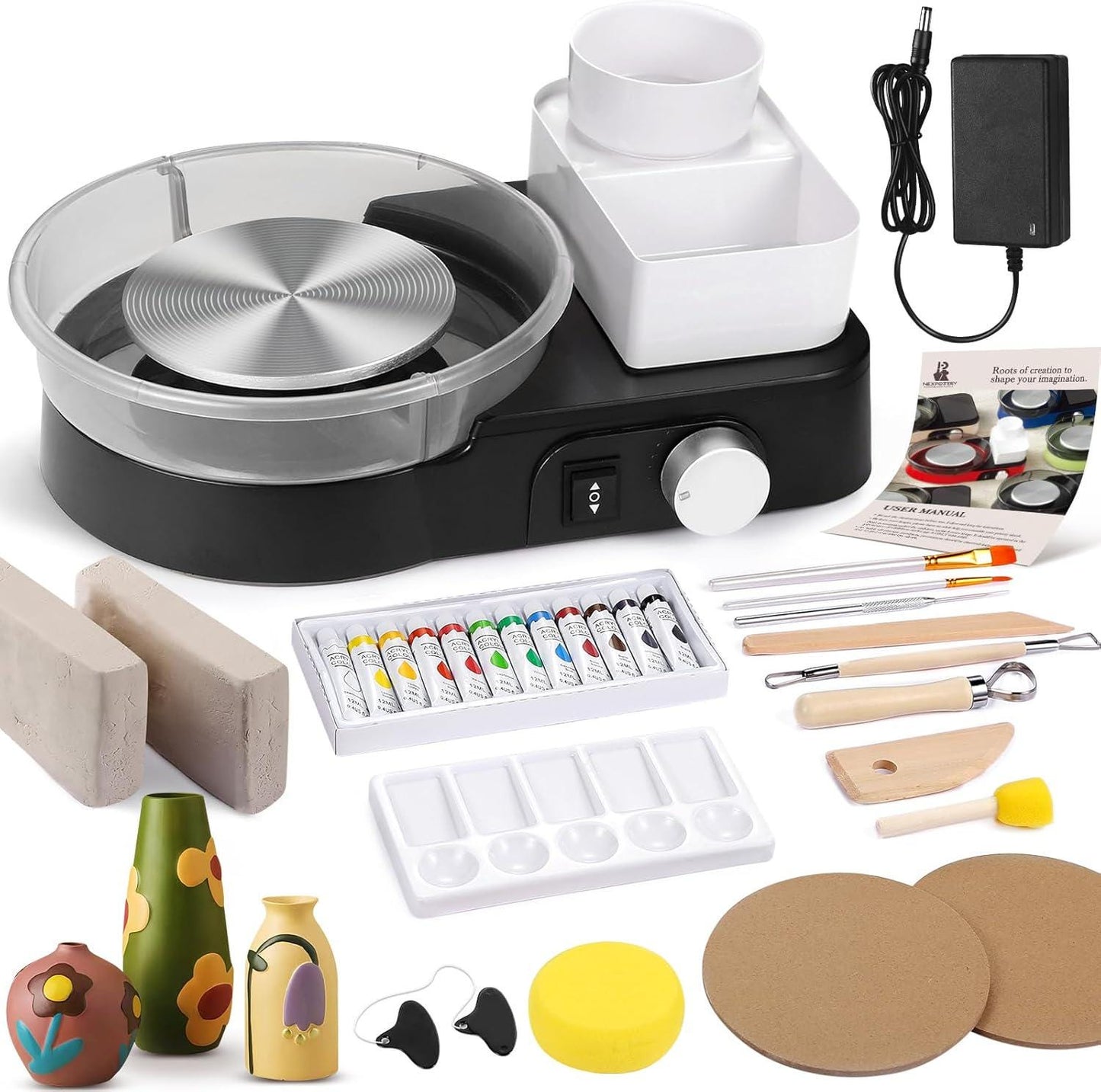 Mini Pottery Wheel Kit, 6-Inch Metal Turntable, Air Dry Clay, Tools, Paint Set