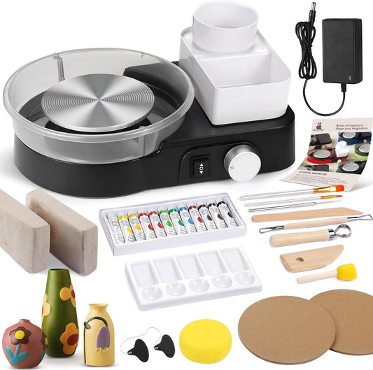 Mini Pottery Wheel Kit, 6-Inch Metal Turntable, Air Dry Clay, Tools, Paint Set
