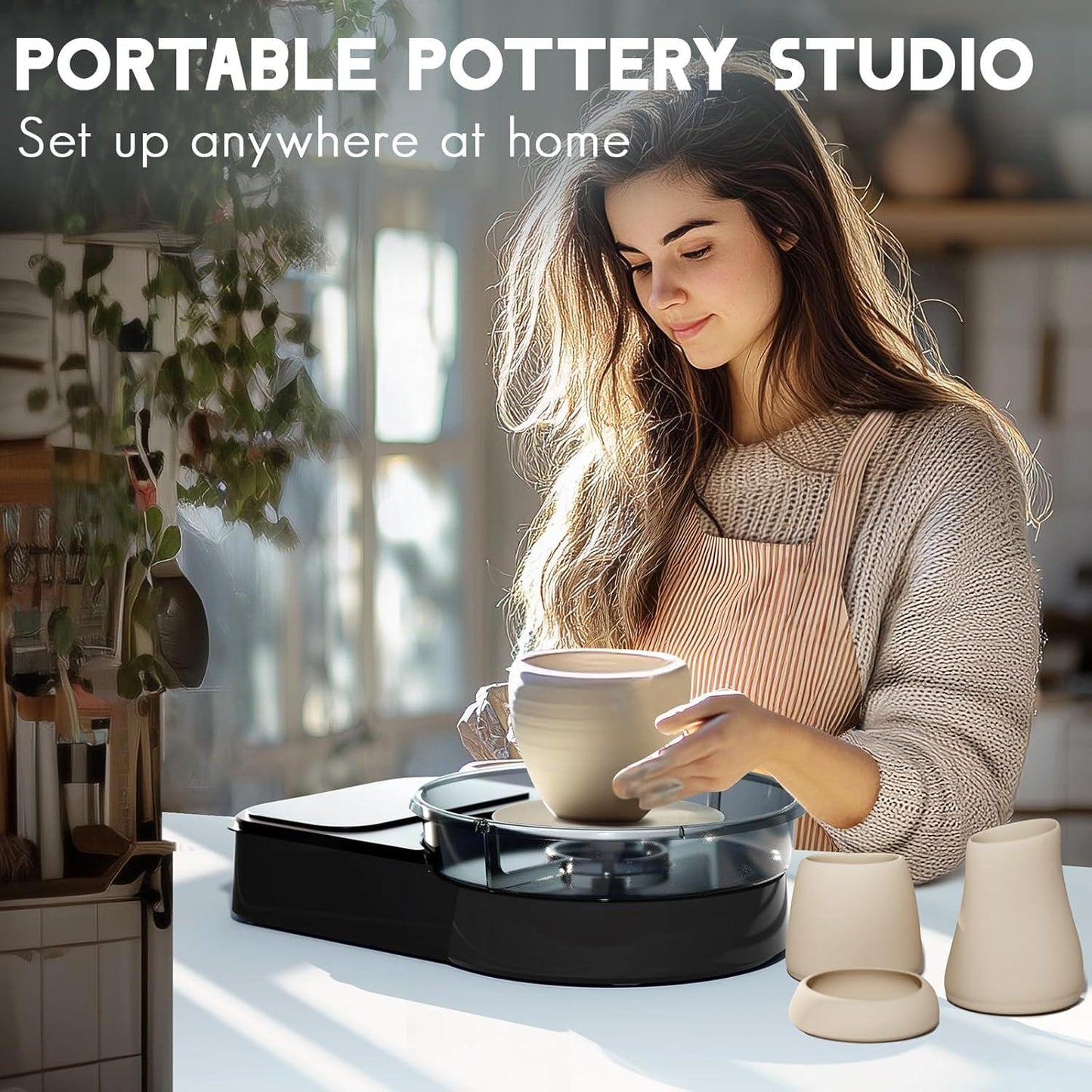 Mini Pottery Wheel Kit, 6-Inch Metal Turntable, Air Dry Clay, Tools, Paint Set