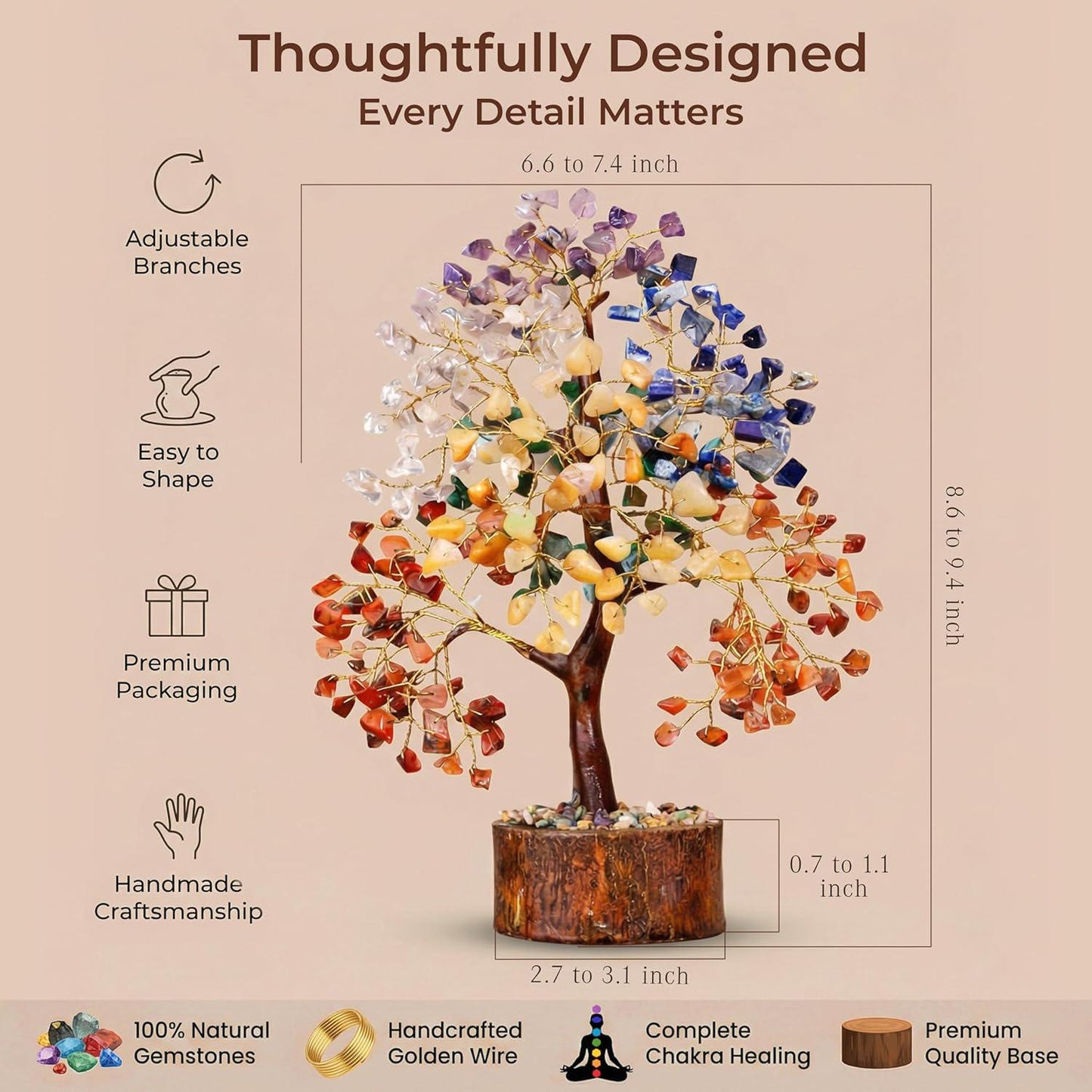 7 Chakra Crystal Tree of Life, Healing Gemstone Decor, Natural Wooden Base
