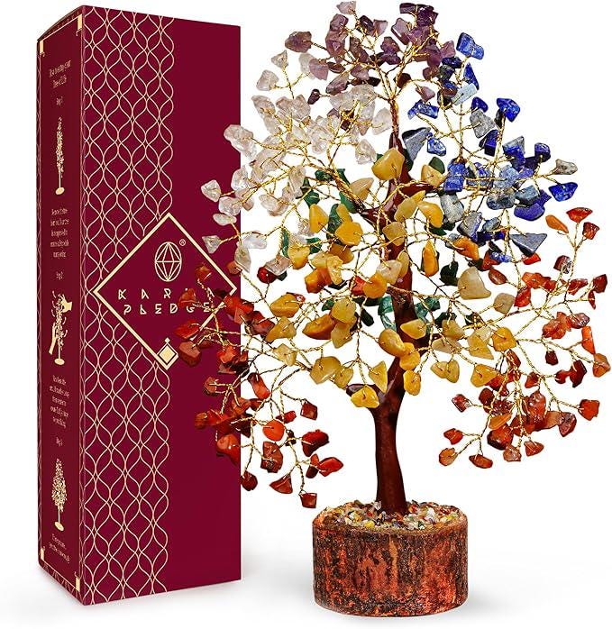 7 Chakra Crystal Tree of Life, Healing Gemstone Decor, Natural Wooden Base