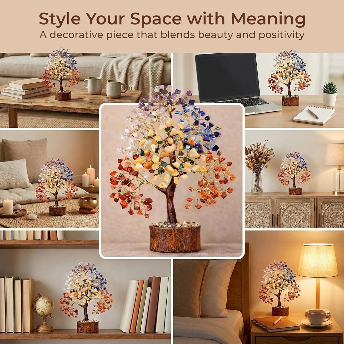 7 Chakra Crystal Tree of Life, Healing Gemstone Decor, Natural Wooden Base