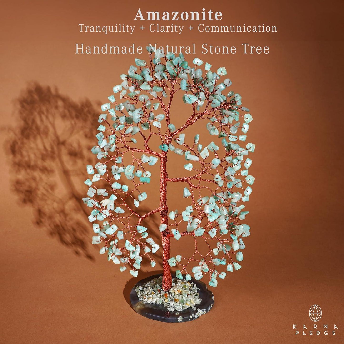 Amazonite Crystal Tree of Life with Slice Base, Handmade Reiki Decor for Home and Office