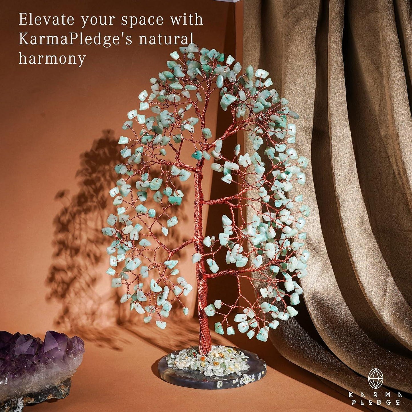 Amazonite Crystal Tree of Life with Slice Base, Handmade Reiki Decor for Home and Office
