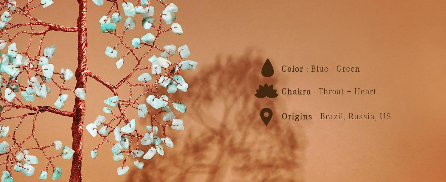 Amazonite Crystal Tree of Life with Slice Base, Handmade Reiki Decor for Home and Office