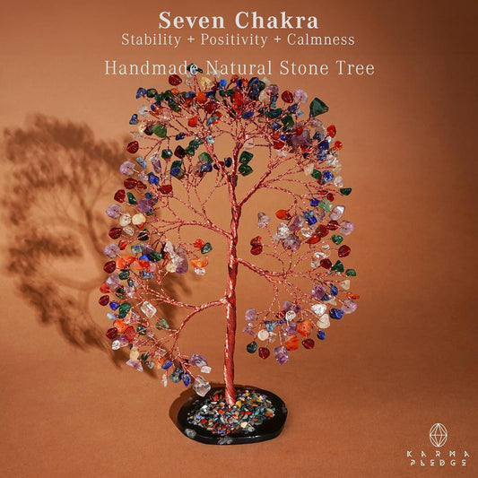 7 Chakra Crystal Tree of Life with Slice Base, Handmade Reiki Decor for Home and Office