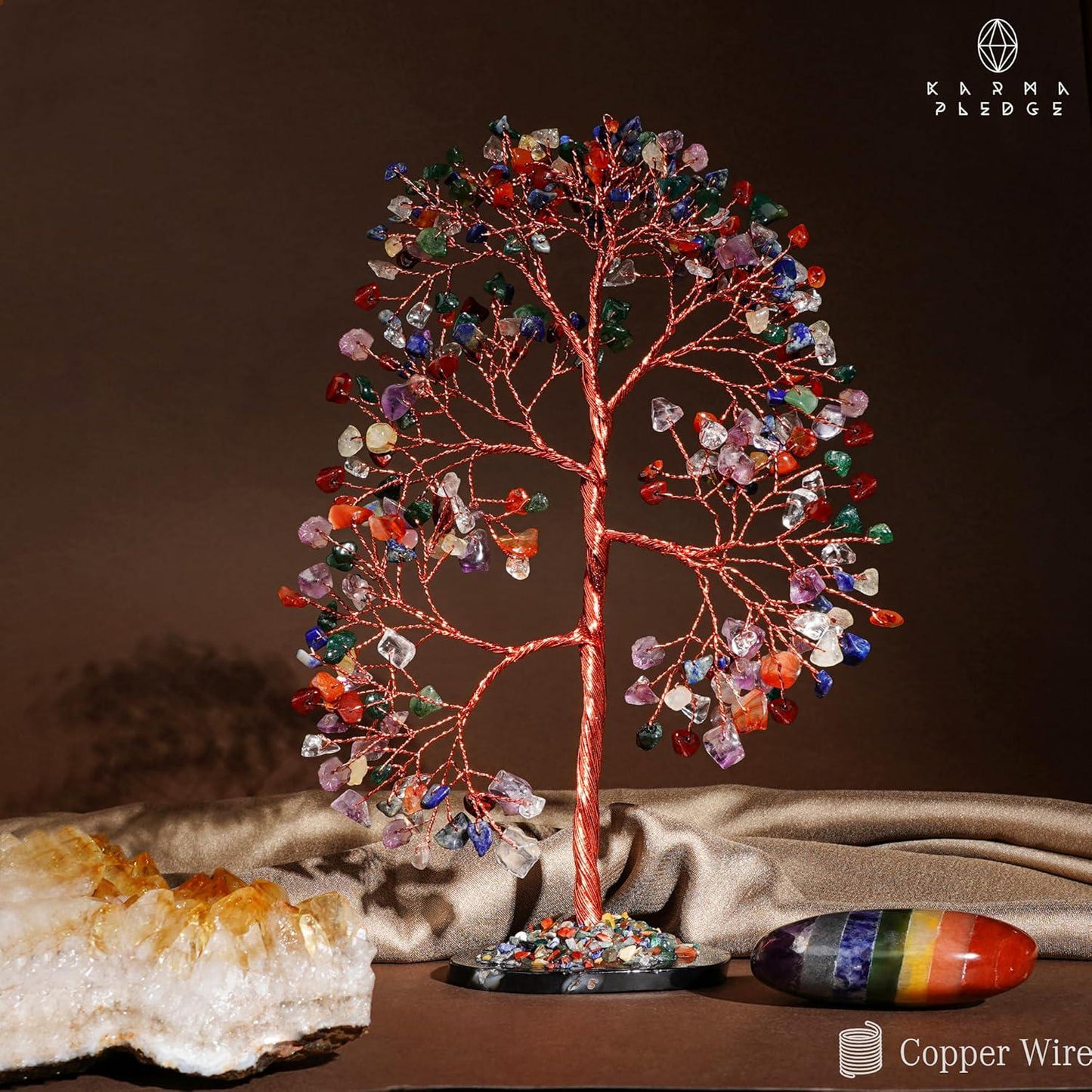 7 Chakra Crystal Tree of Life with Slice Base, Handmade Reiki Decor for Home and Office