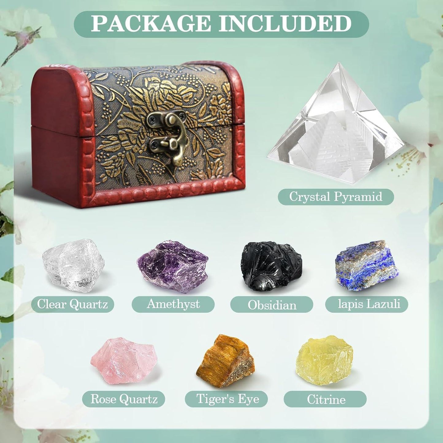 Healing Crystal Set, Chakra Stones, Selenite Pyramid, Wooden Box