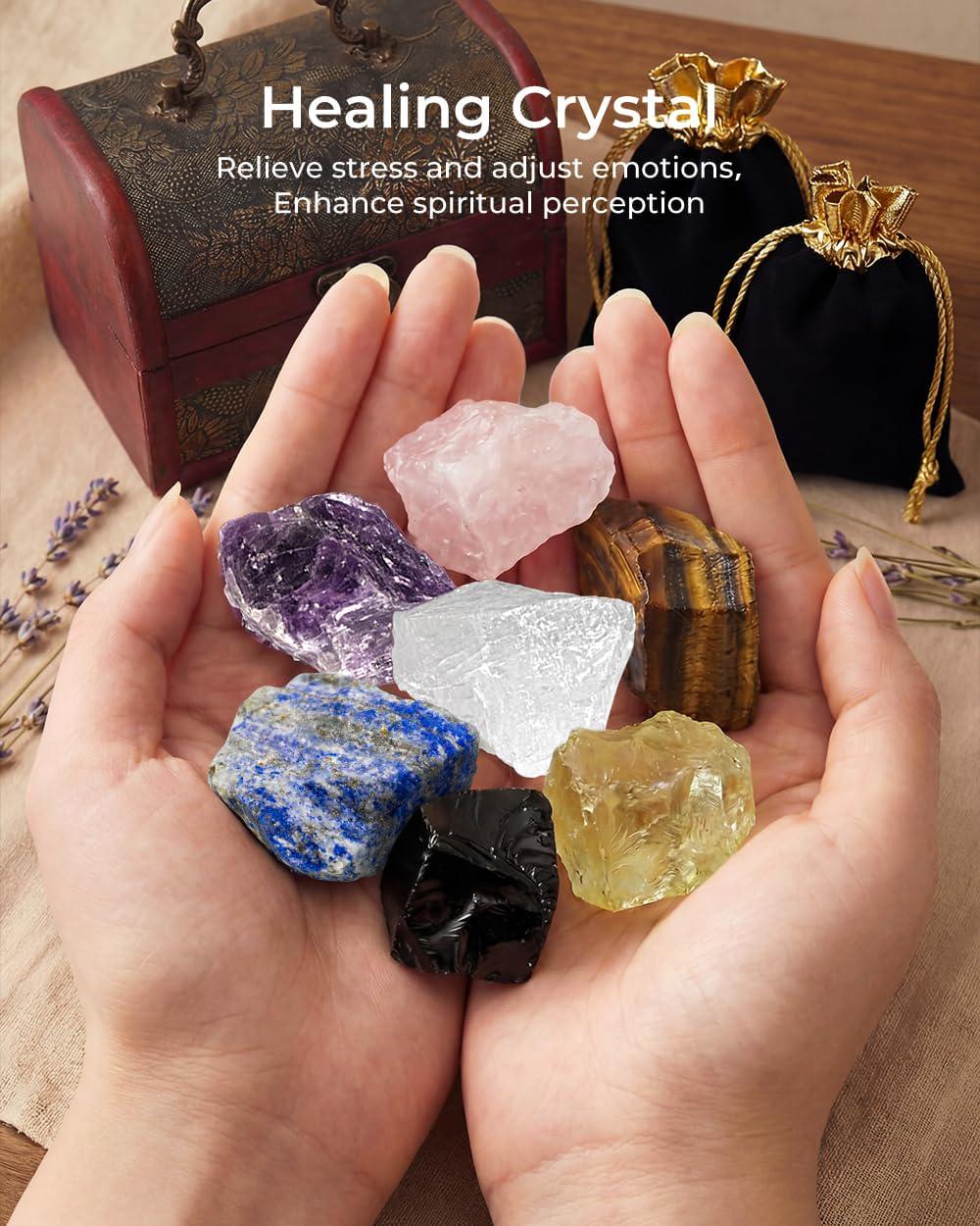 Healing Crystal Set, Chakra Stones, Selenite Pyramid, Wooden Box