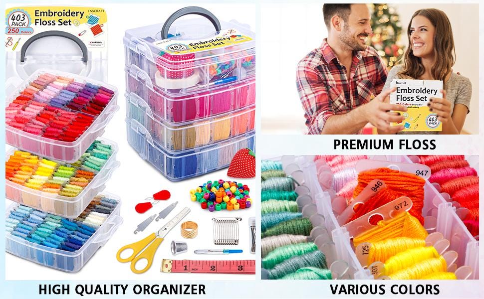 403 Piece Embroidery Floss Set with 250 Colors, Cross Stitch Tools and Storage Box