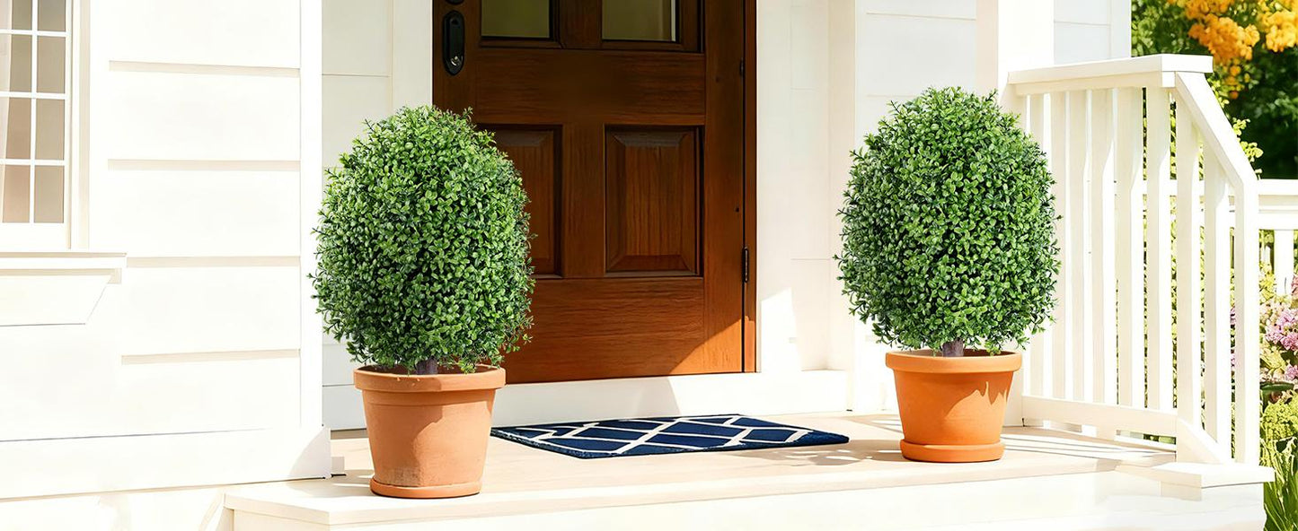 Set of 2 Artificial Boxwood Topiary Trees, 27 Inch UV Resistant Outdoor Bushes