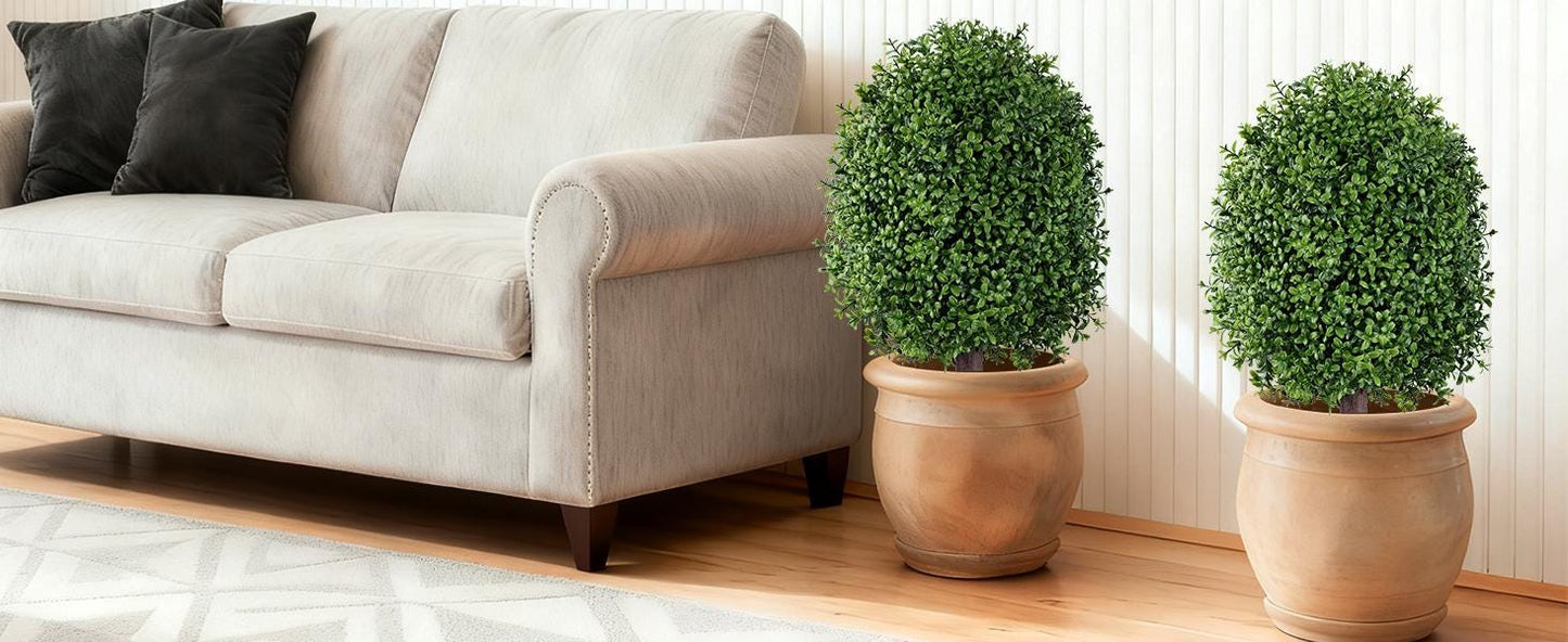 Set of 2 Artificial Boxwood Topiary Trees, 27 Inch UV Resistant Outdoor Bushes