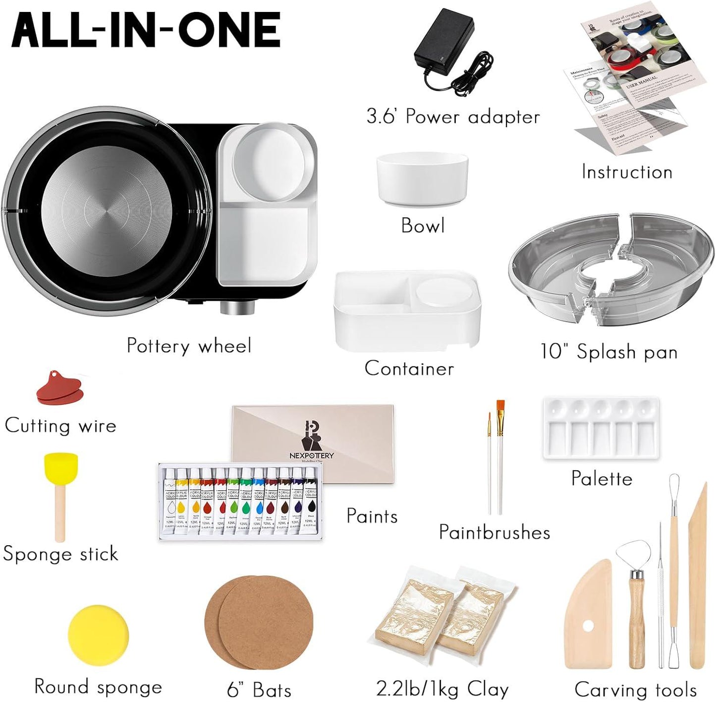 Mini Pottery Wheel Kit, 6-Inch Metal Turntable, Air Dry Clay, Tools, Paint Set