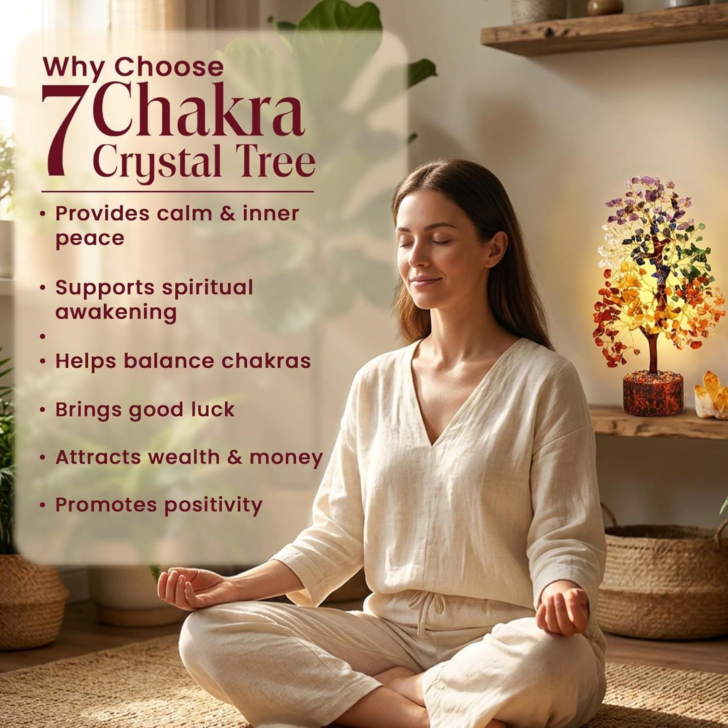 7 Chakra Crystal Tree of Life, Healing Gemstone Decor, Natural Wooden Base