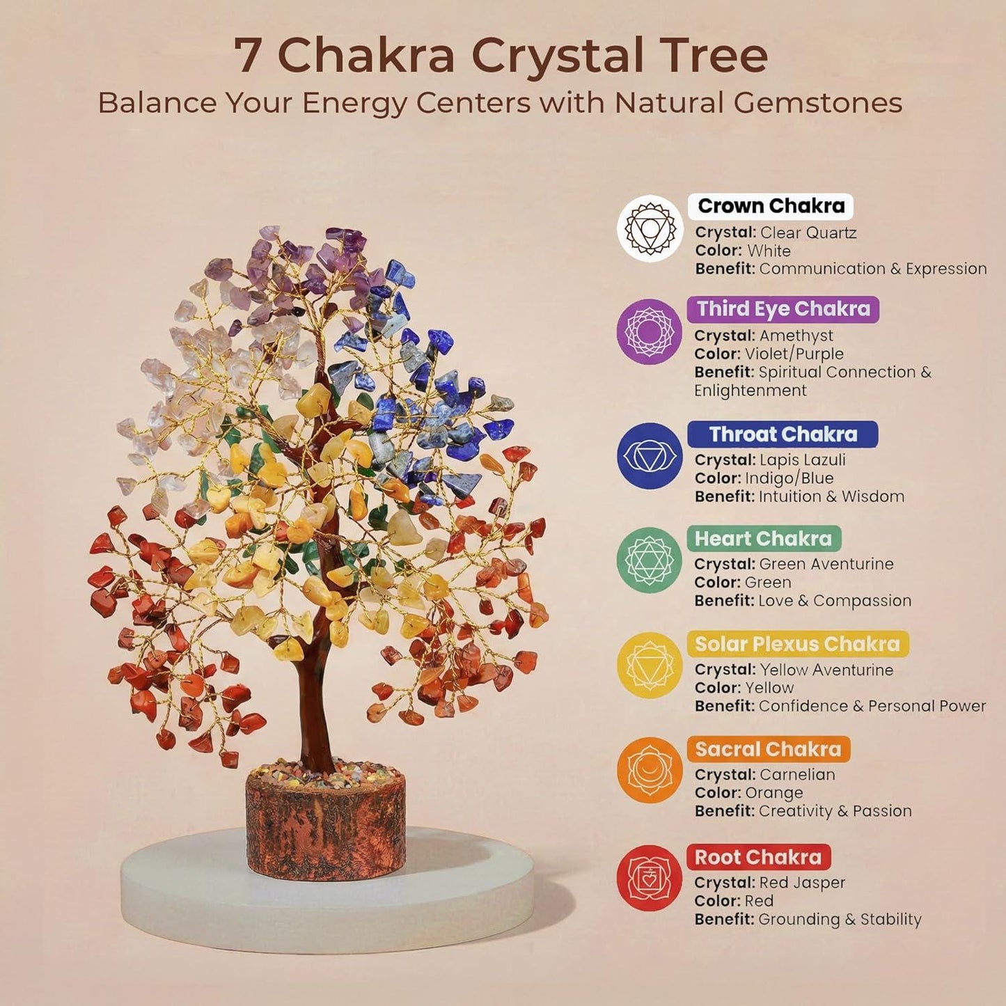 7 Chakra Crystal Tree of Life, Healing Gemstone Decor, Natural Wooden Base