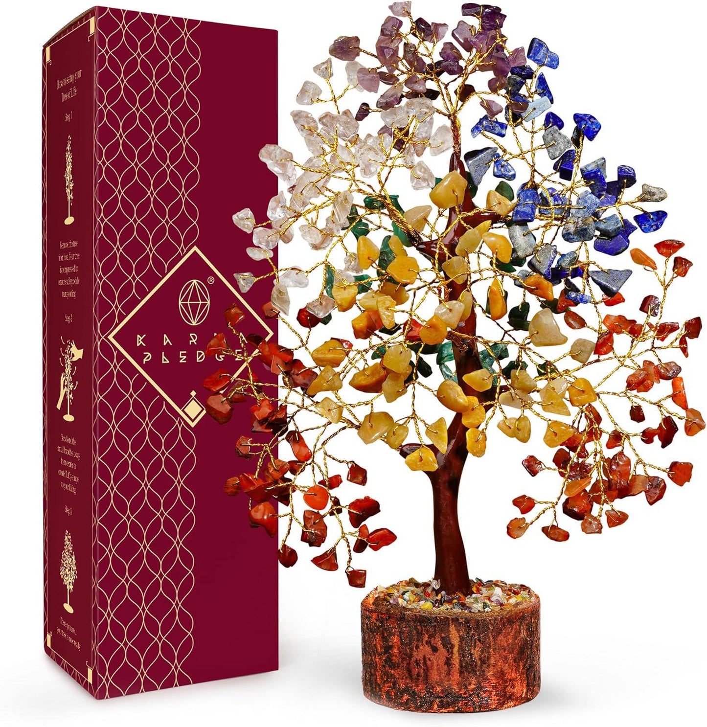 7 Chakra Crystal Tree of Life, Healing Gemstone Decor, Natural Wooden Base