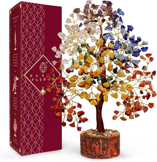 7 Chakra Crystal Tree of Life, Healing Gemstone Decor, Natural Wooden Base