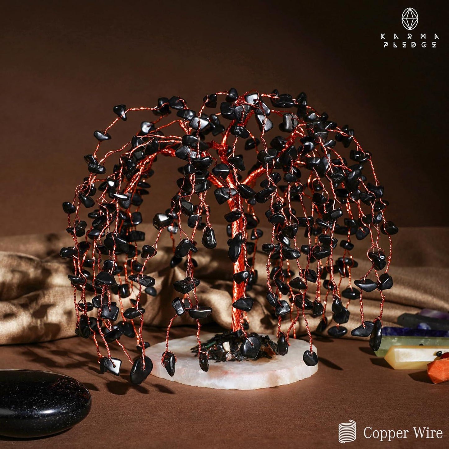 Black Obsidian Crystal Tree of Life with Wooden Base, Handmade Reiki Decor for Home and Office