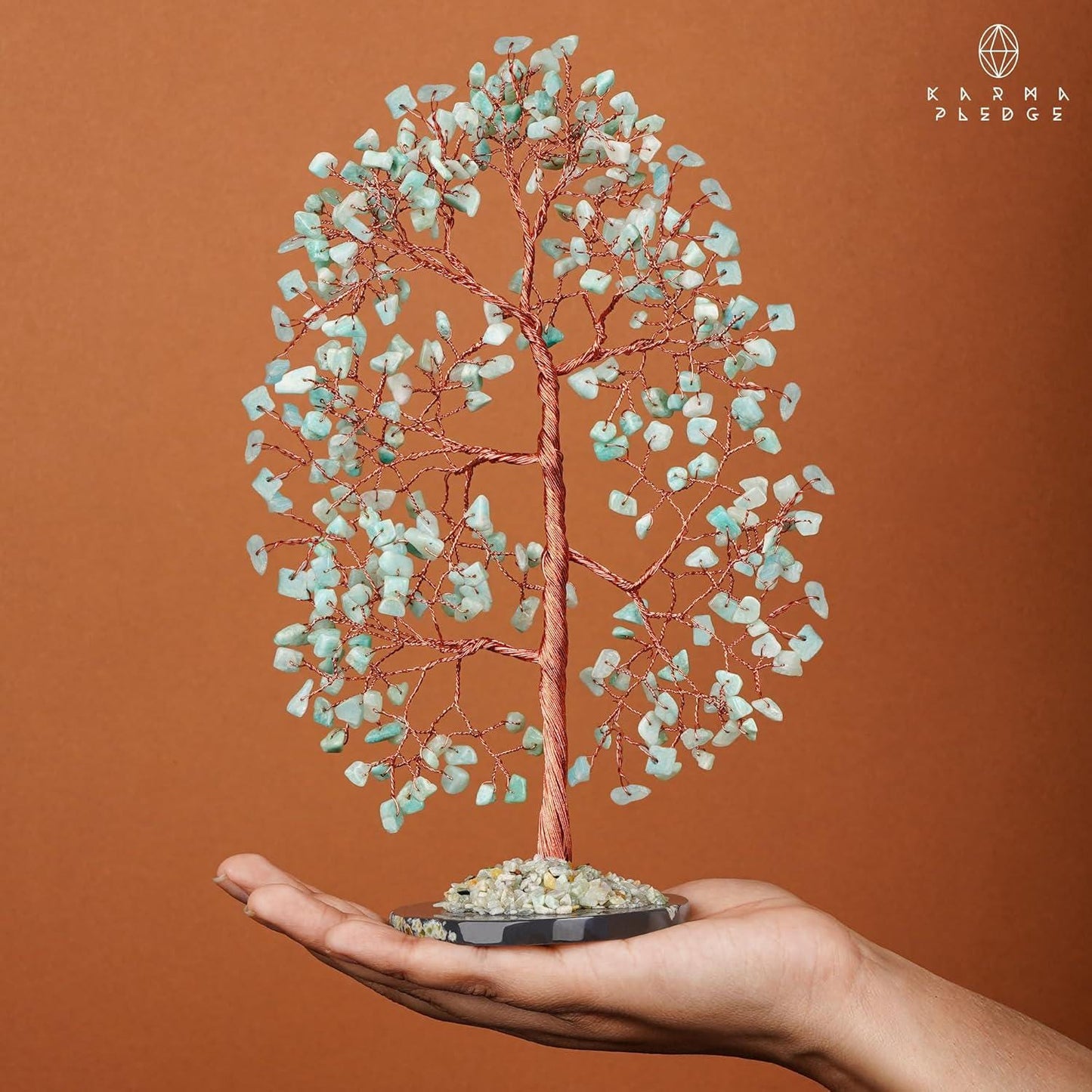 Amazonite Crystal Tree of Life with Slice Base, Handmade Reiki Decor for Home and Office