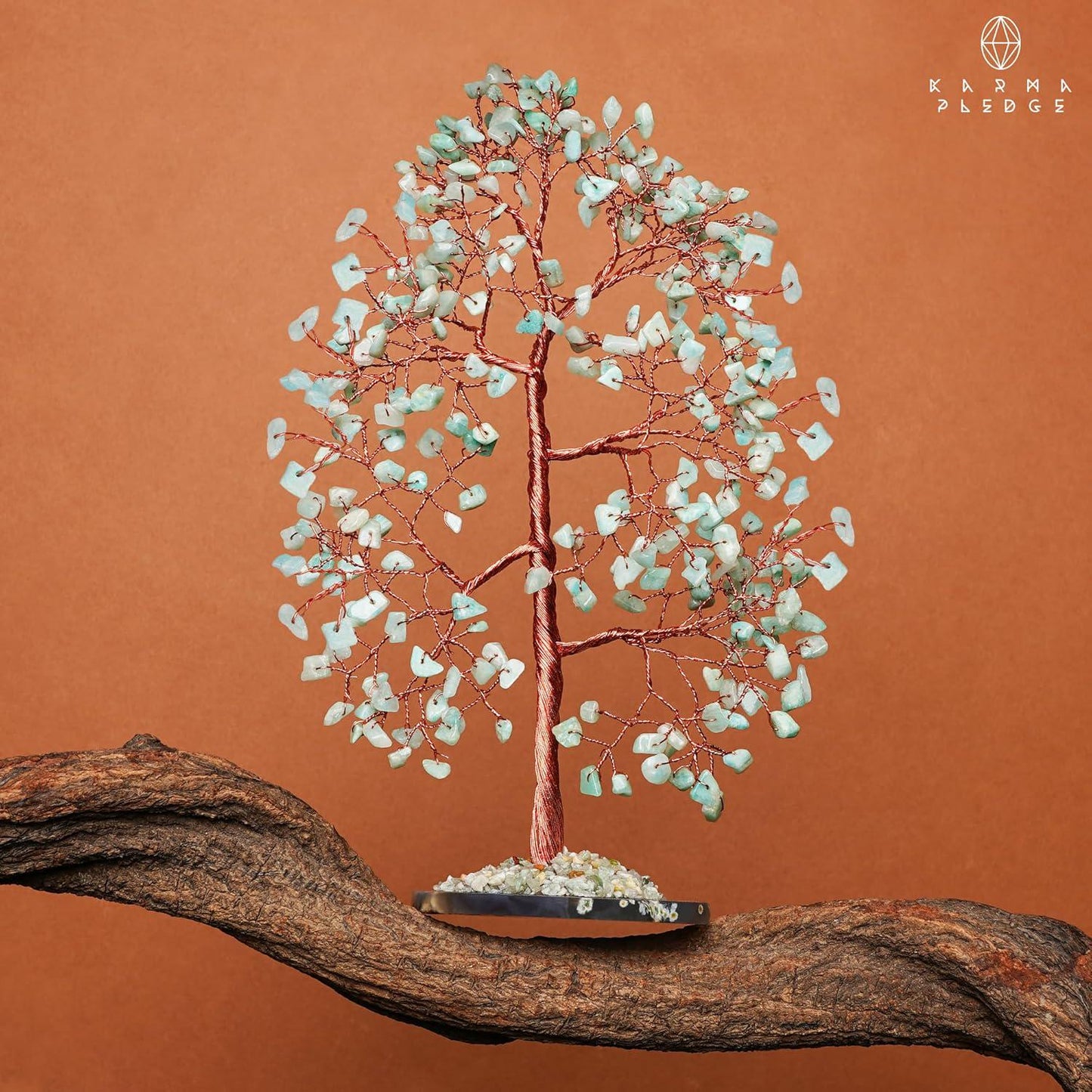 Amazonite Crystal Tree of Life with Slice Base, Handmade Reiki Decor for Home and Office